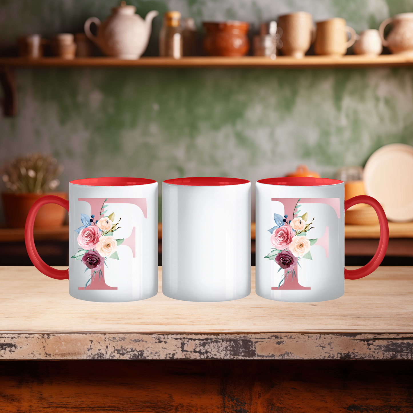 Initial Mug with Pink and Floral Design
