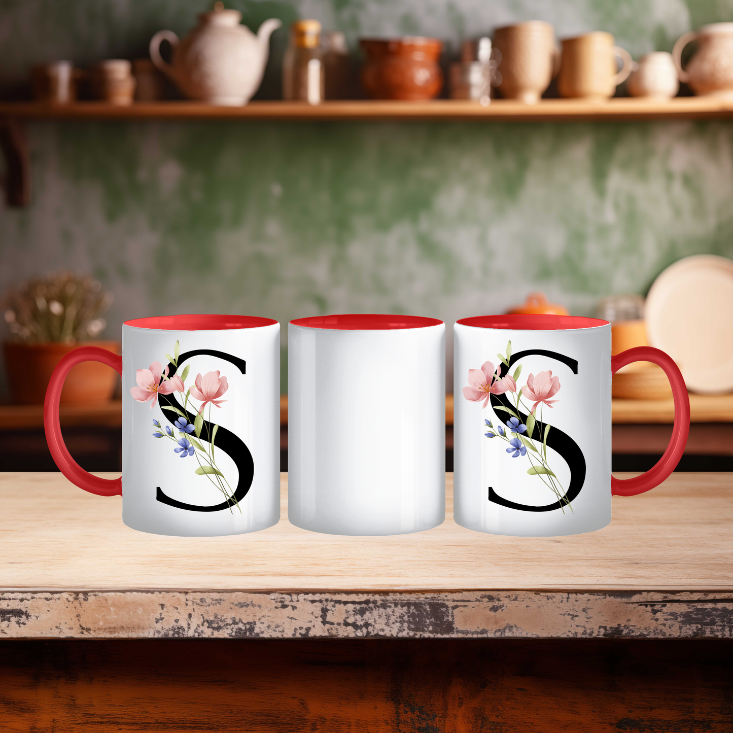 Initial Mug with Black and Floral Design