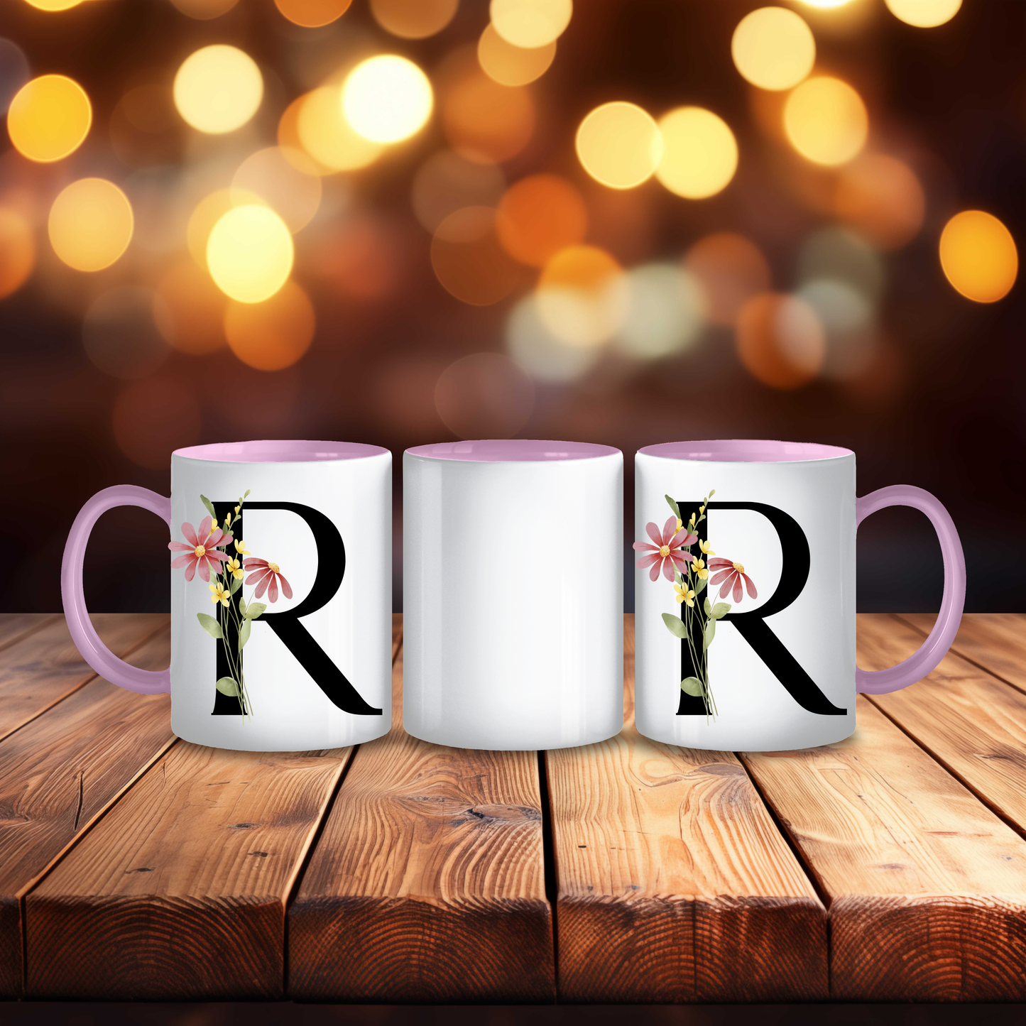 Initial Mug with Black and Floral Design