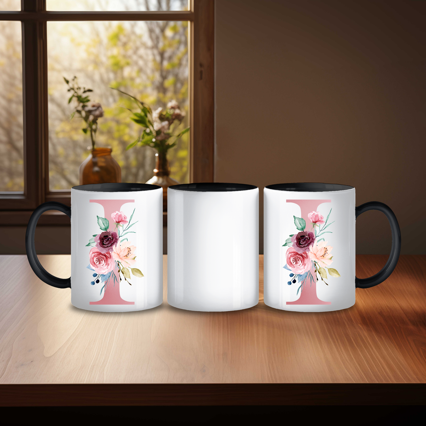 Initial Mug with Pink and Floral Design