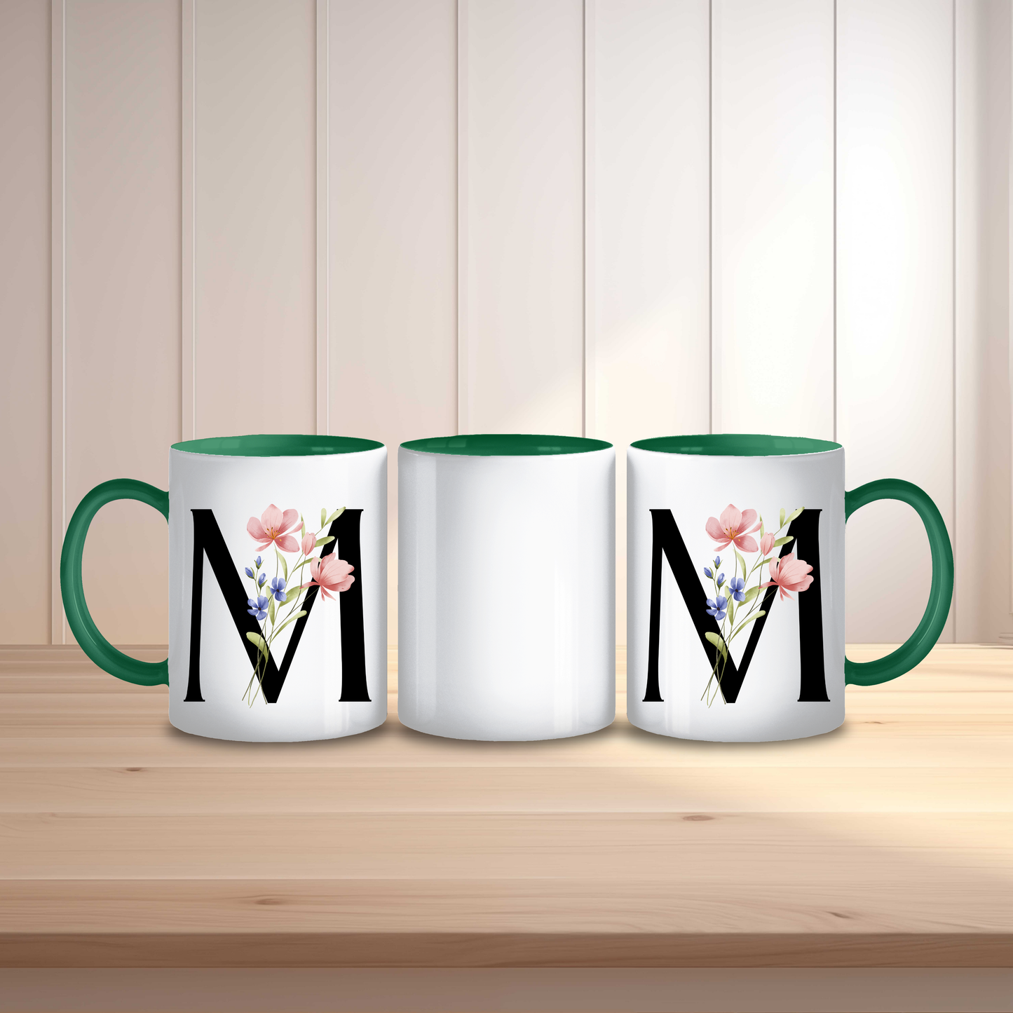 Initial Mug with Black and Floral Design
