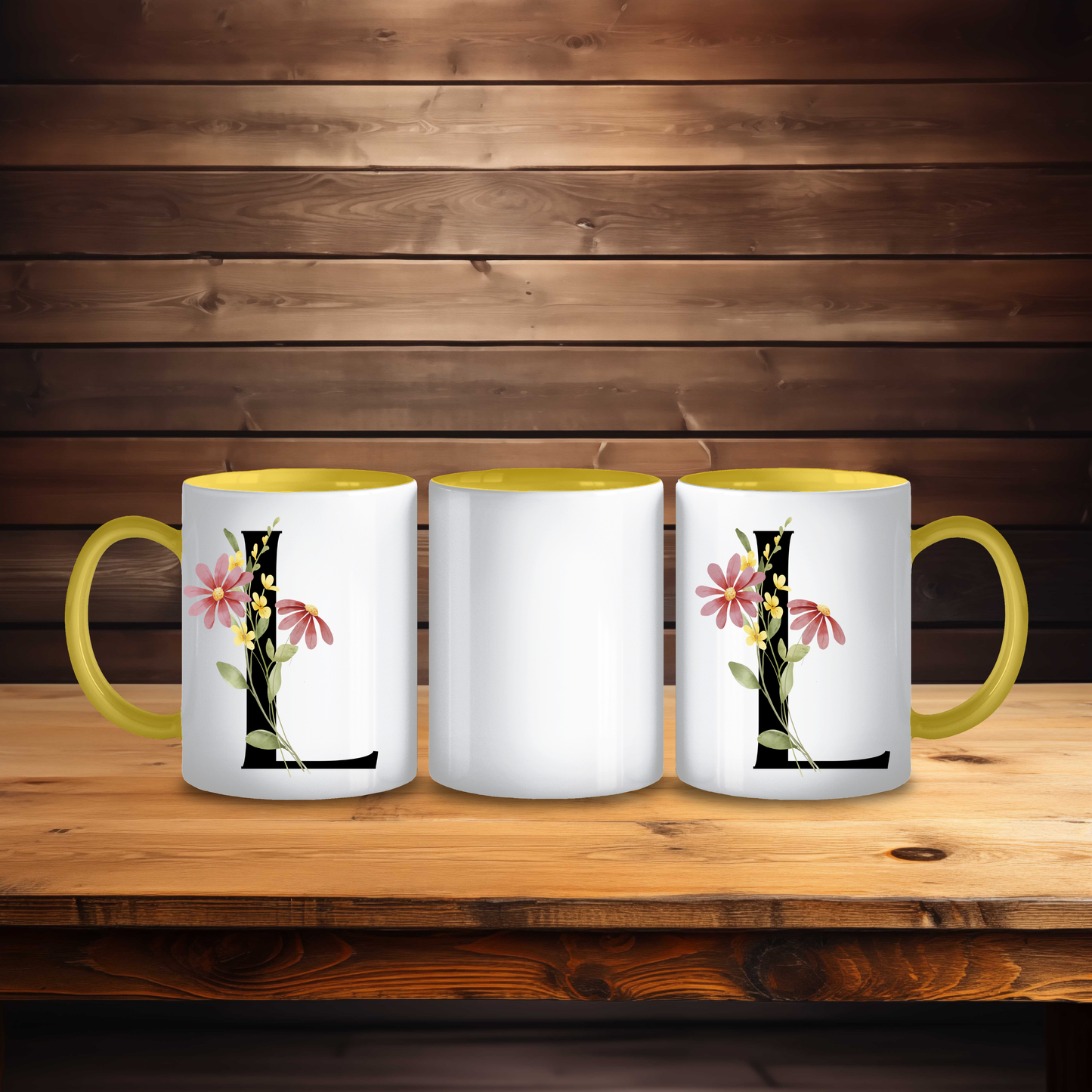 Initial Mug with Black and Floral Design