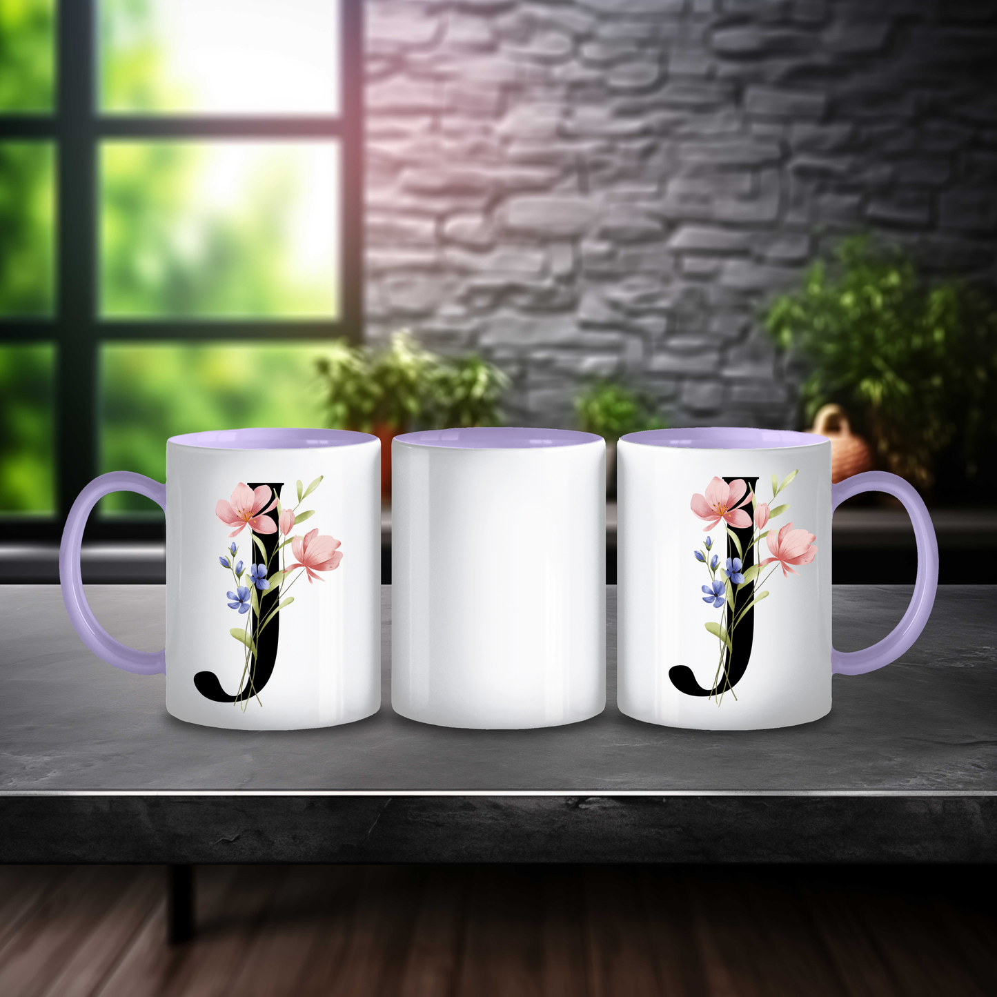 Initial Mug with Black and Floral Design
