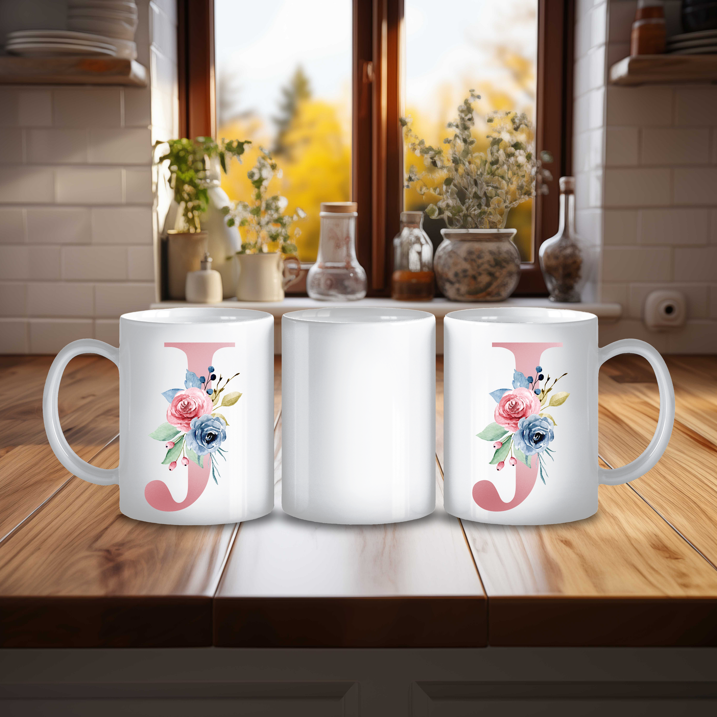 Initial Mug with Pink and Floral Design
