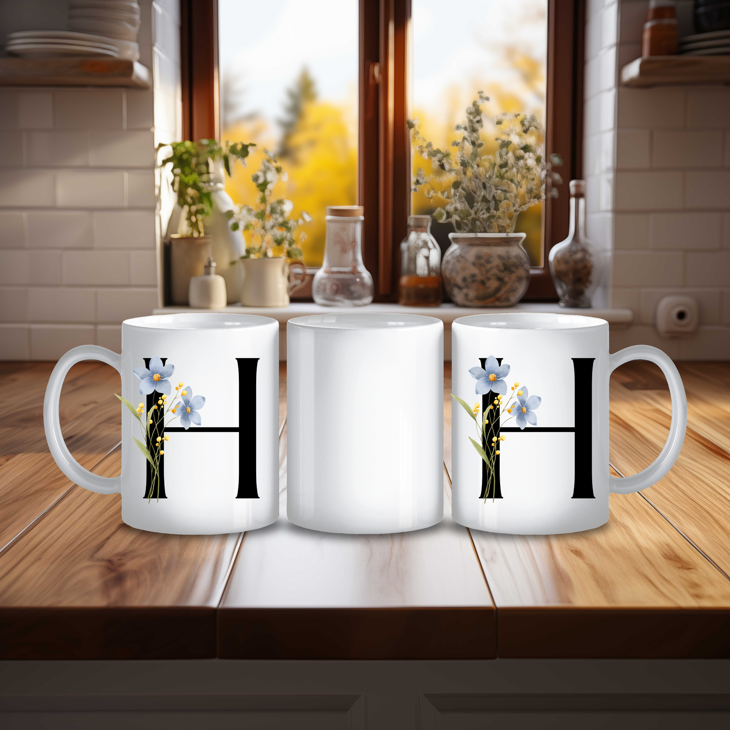 Initial Mug with Black and Floral Design