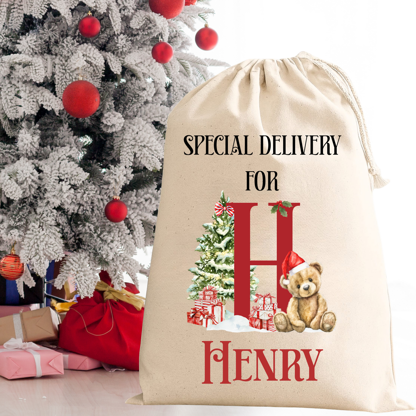 Personalised Santa Sack – Custom Initial Christmas Gift Bag with Bear or Bunny Design