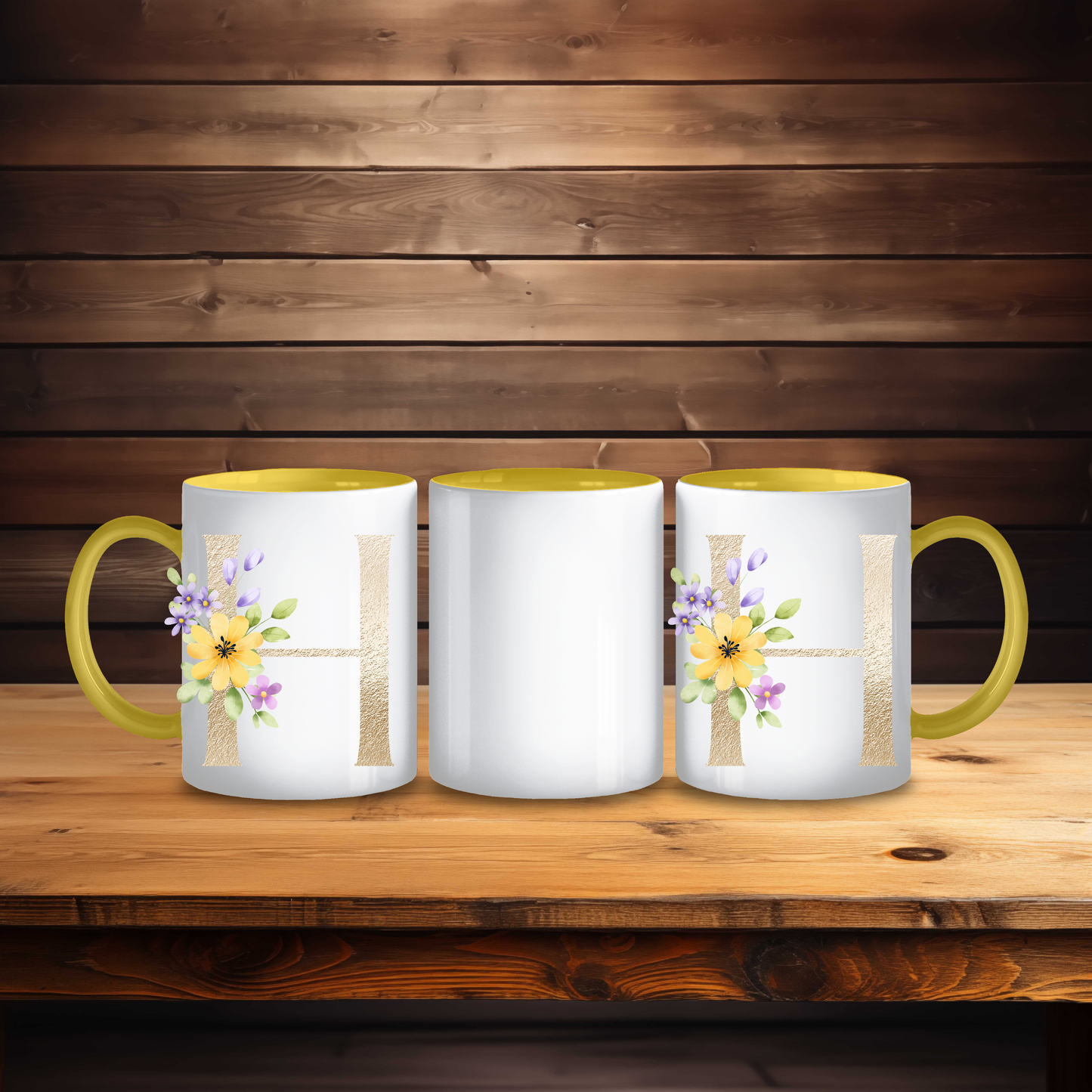 Initial Mug with Gold and Floral Design