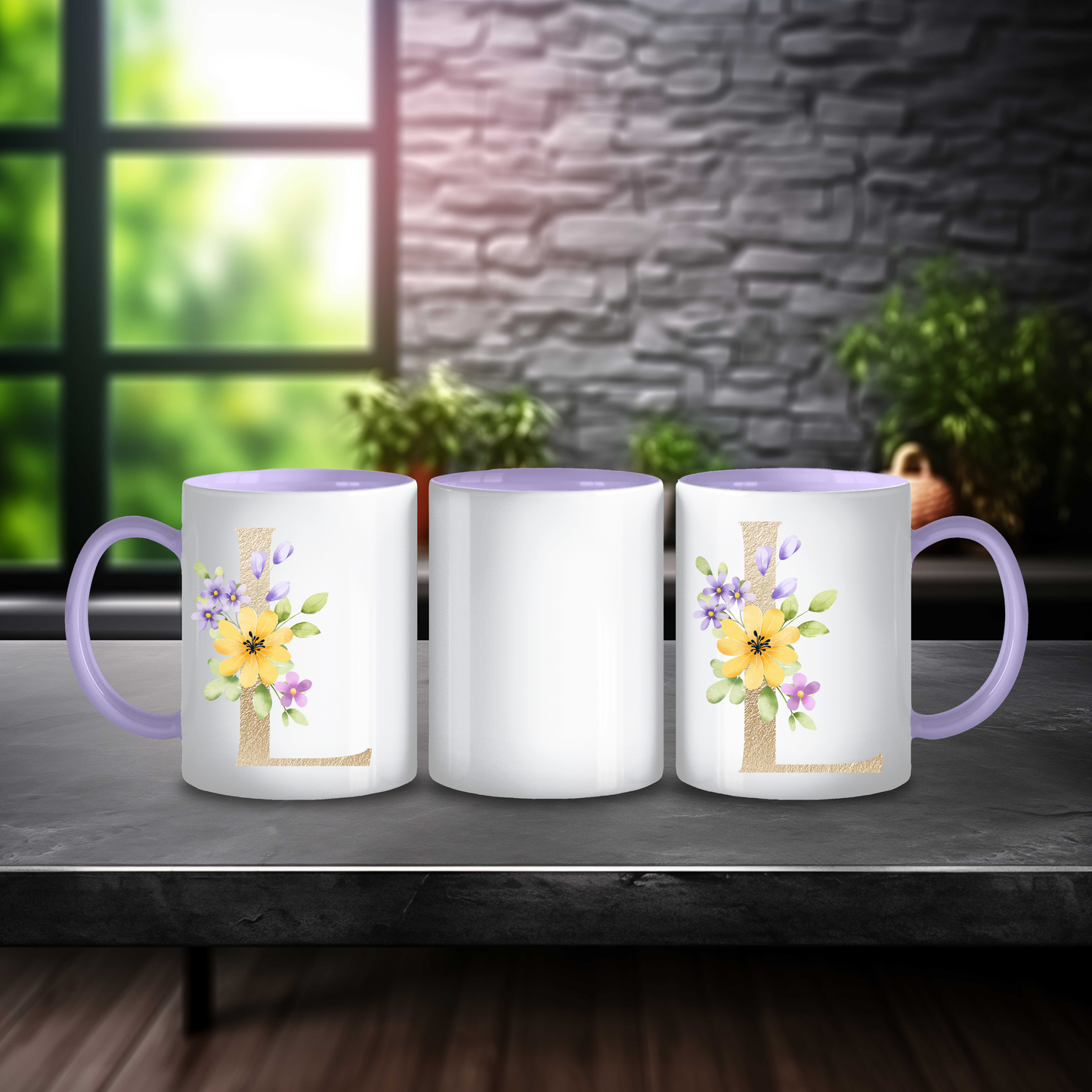 Initial Mug with Gold and Floral Design