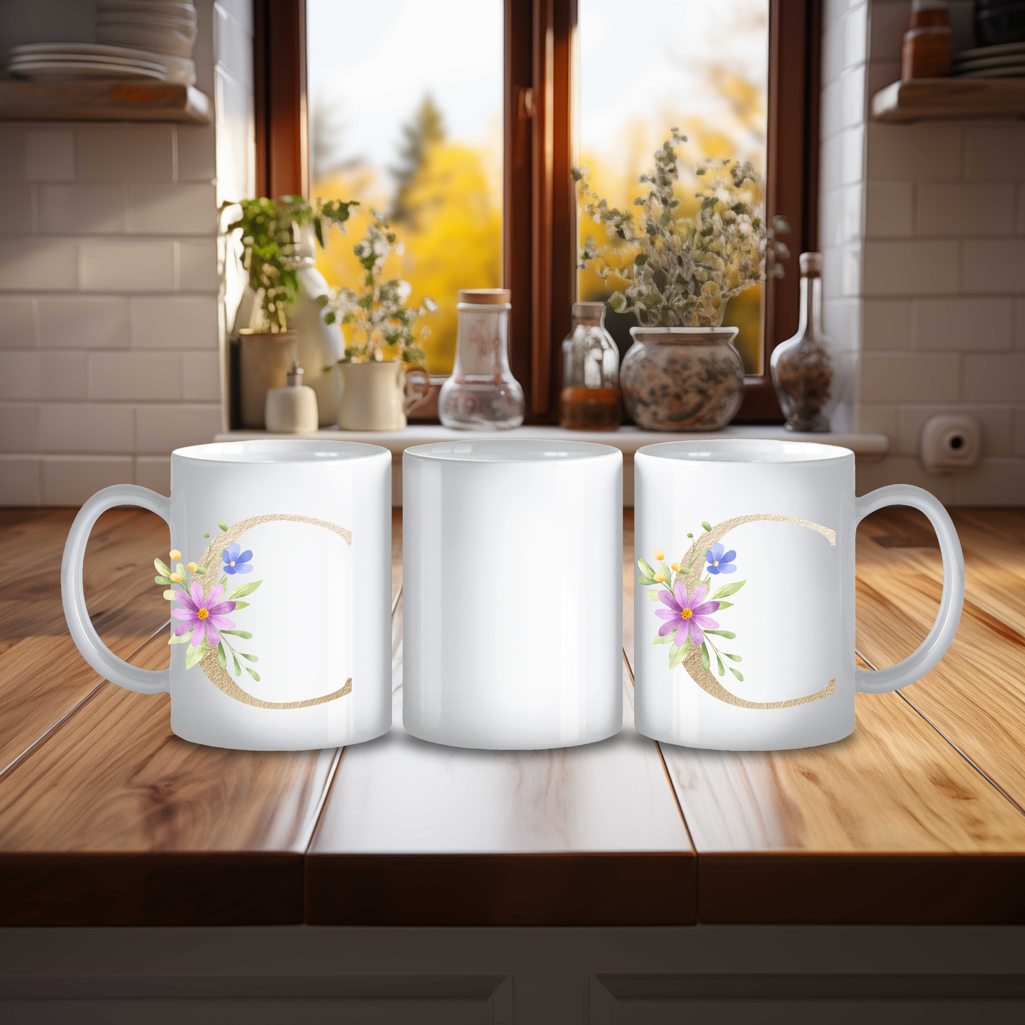 Initial Mug with Gold and Floral Design