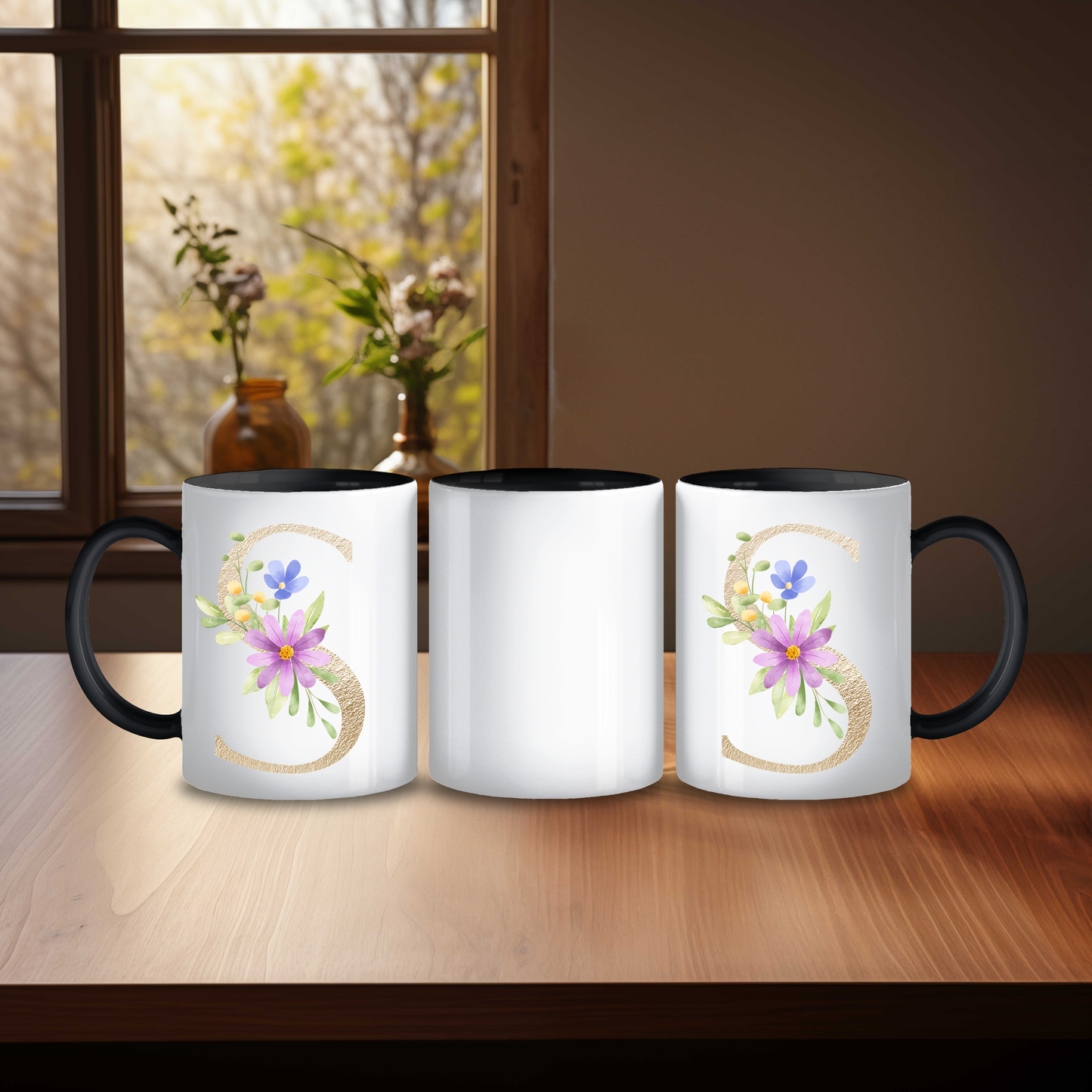 Initial Mug with Gold and Floral Design