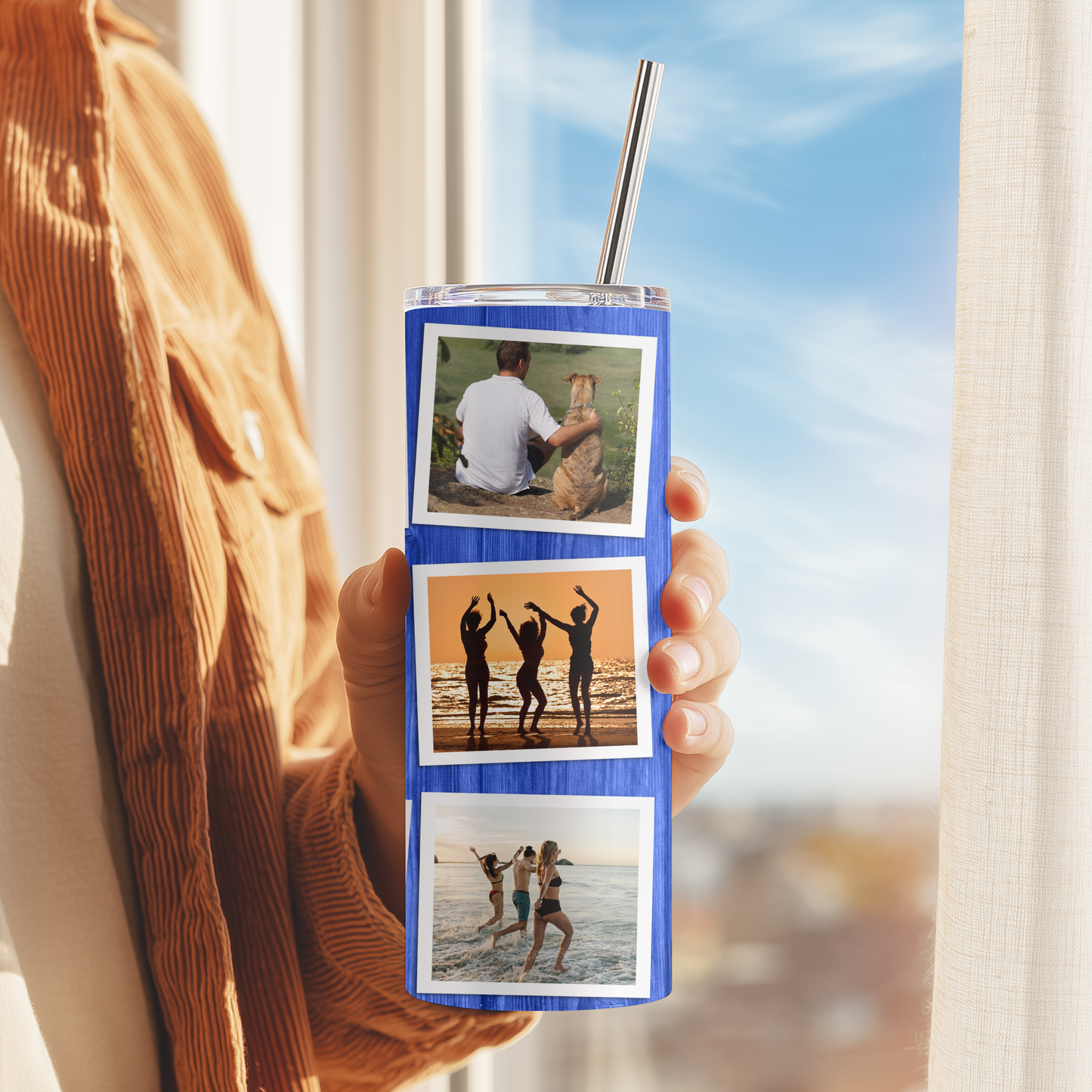 Personalised Wood-Themed Photo Tumbler with Space for Text