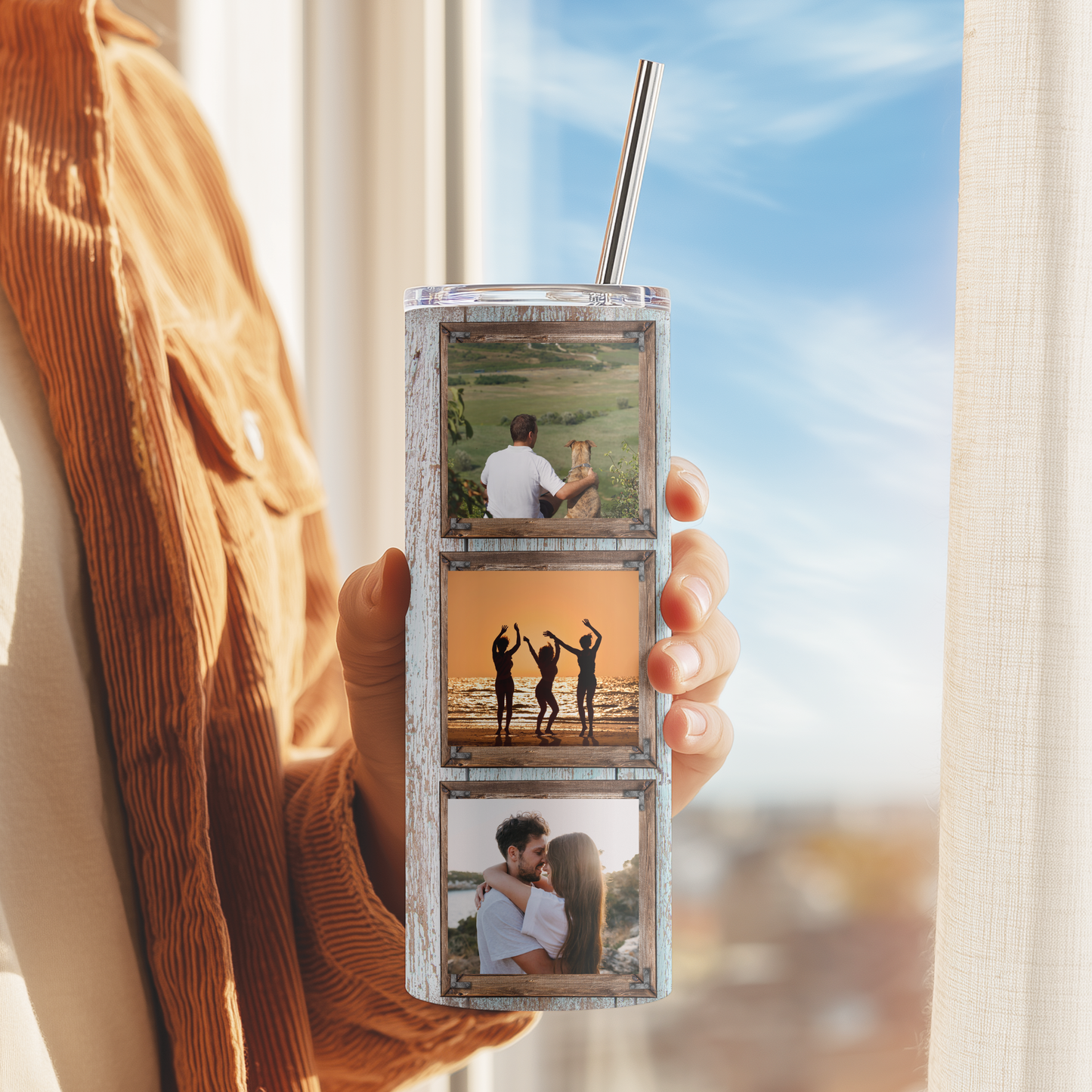 Personalised Wood-Themed Photo Tumbler with Space for Text
