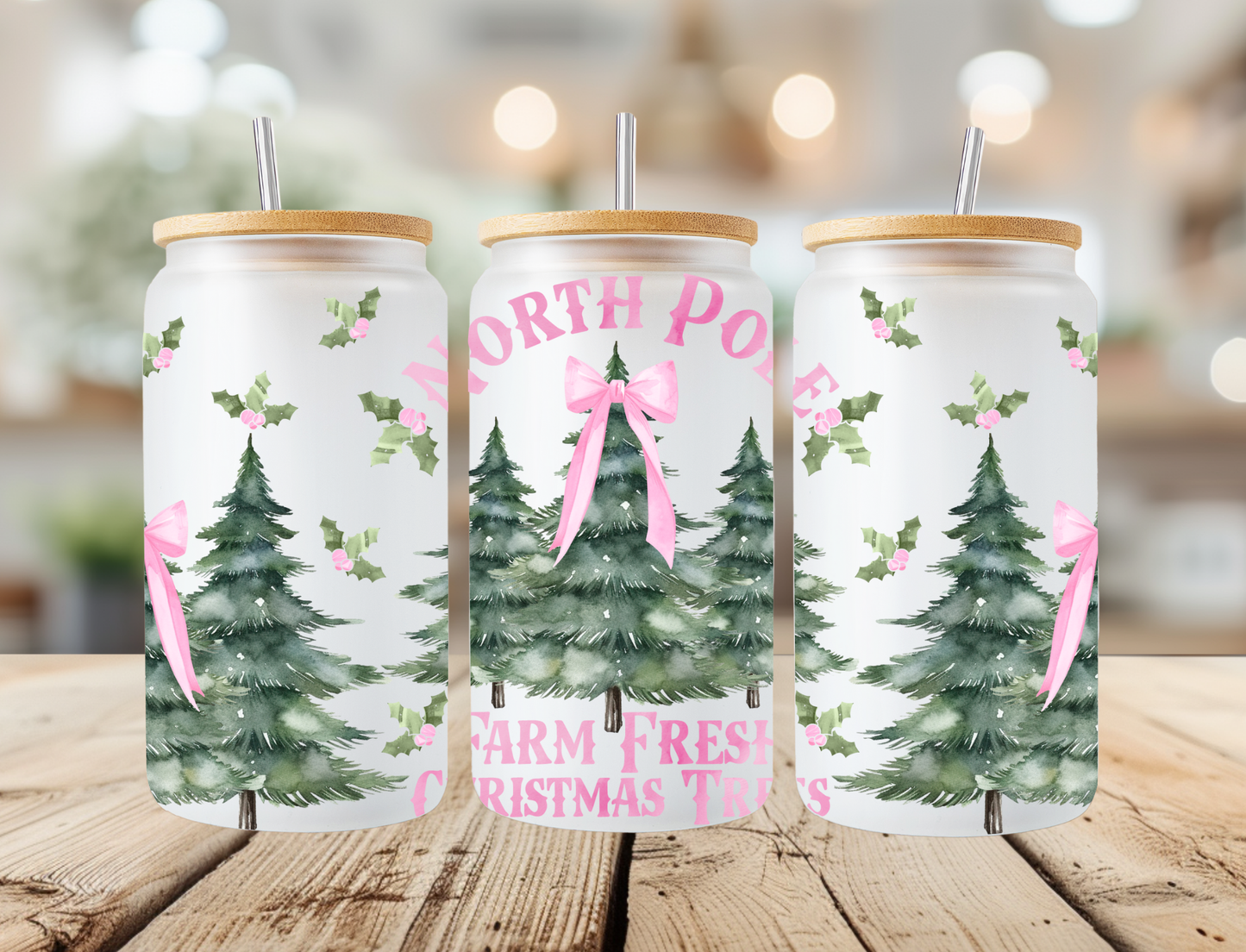 Pink Christmas Tree Farm Frosted Libbey Can