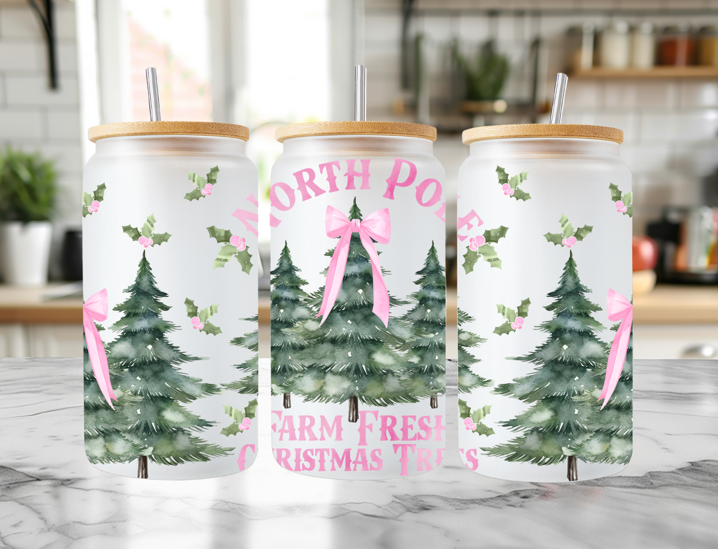 Pink Christmas Tree Farm Frosted Libbey Can