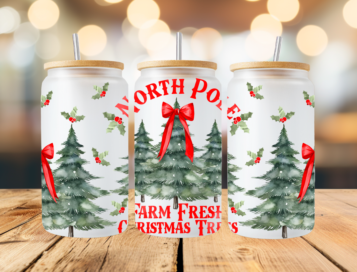 Red Christmas Tree Farm Frosted Libbey Can