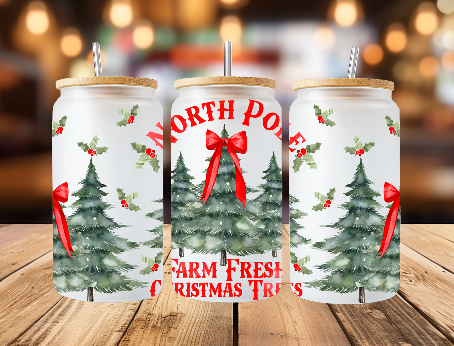 Red Christmas Tree Farm Frosted Libbey Can