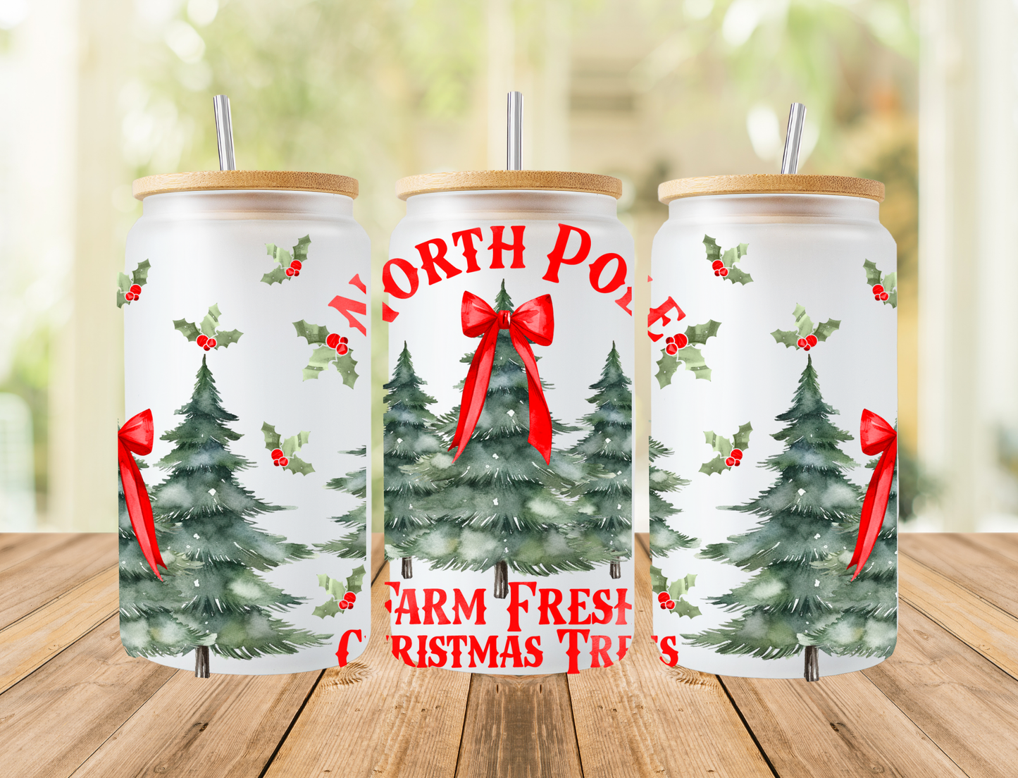 Red Christmas Tree Farm Frosted Libbey Can