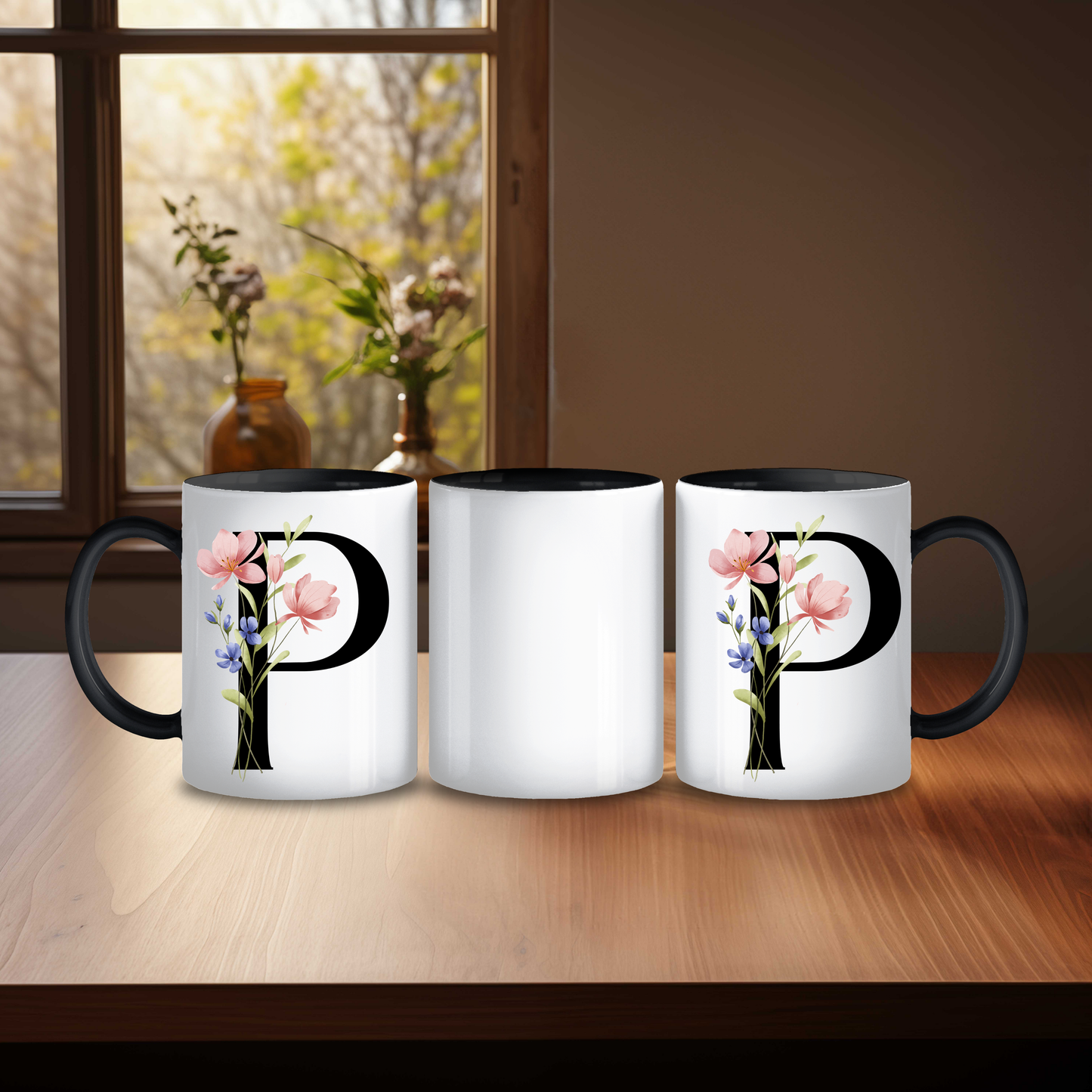 Initial Mug with Black and Floral Design