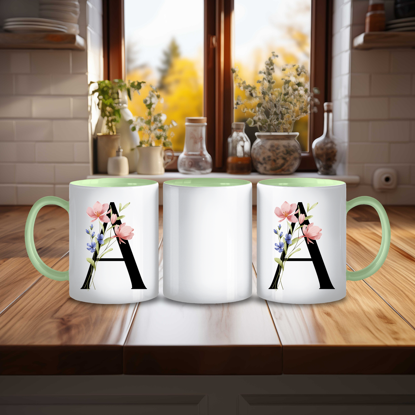 Initial Mug with Black and Floral Design