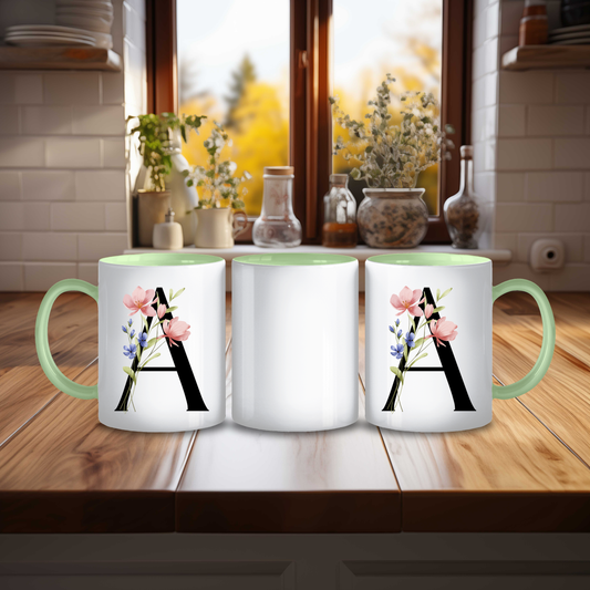 Initial Mug with Black and Floral Design