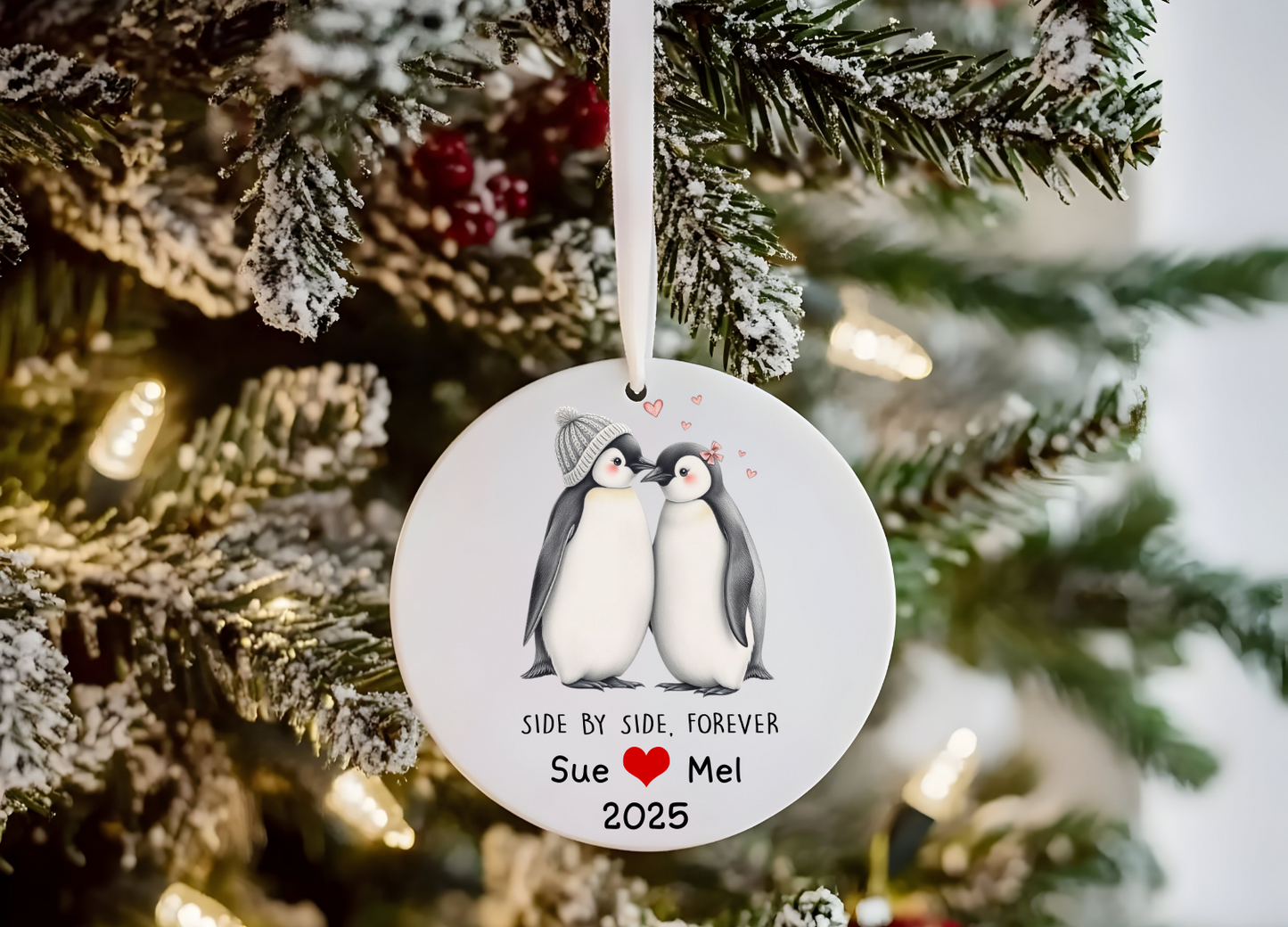 Personalised Penguin Bauble – Side by Side Forever Ceramic Ornament