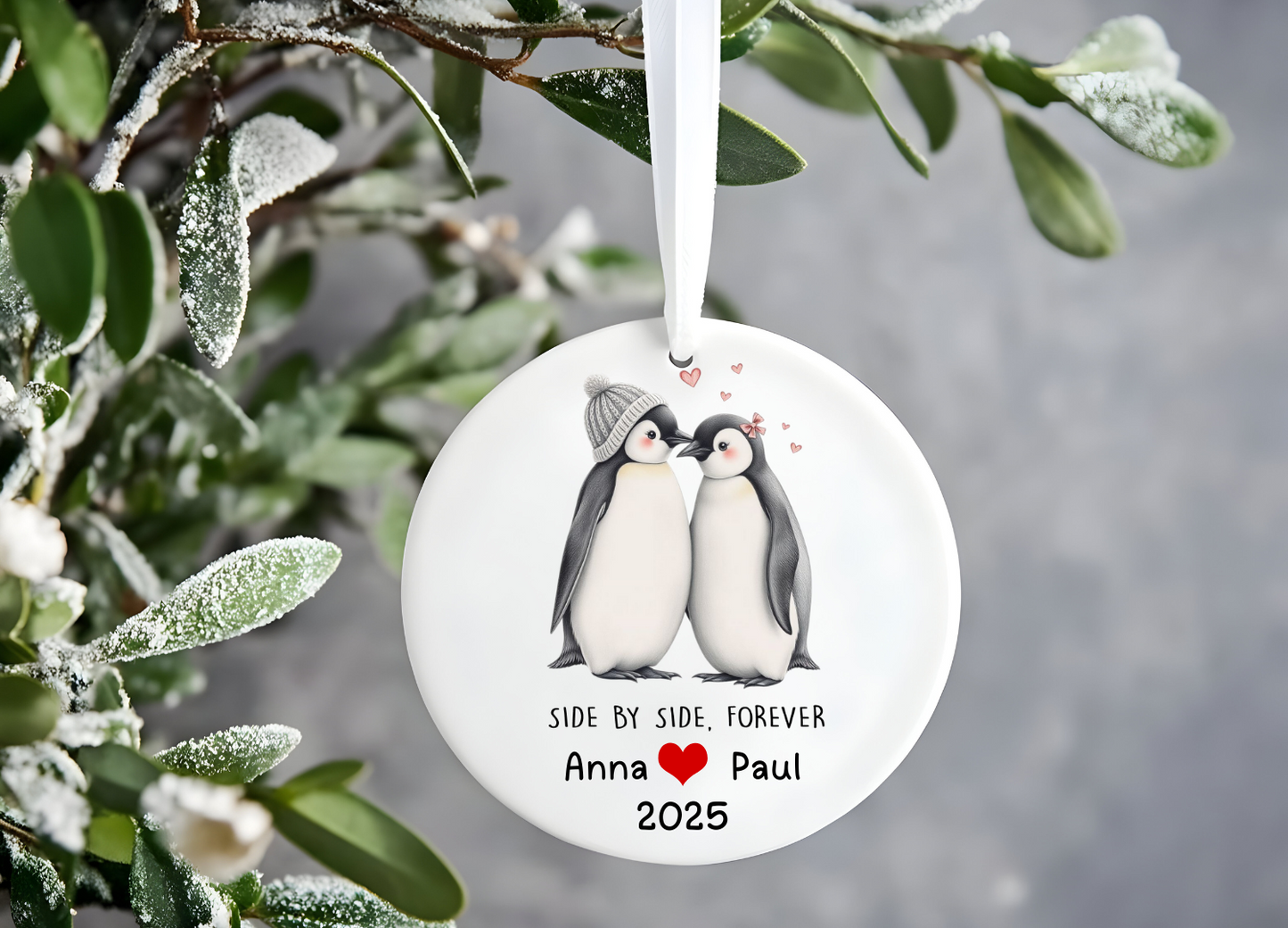 Personalised Penguin Bauble – Side by Side Forever Ceramic Ornament