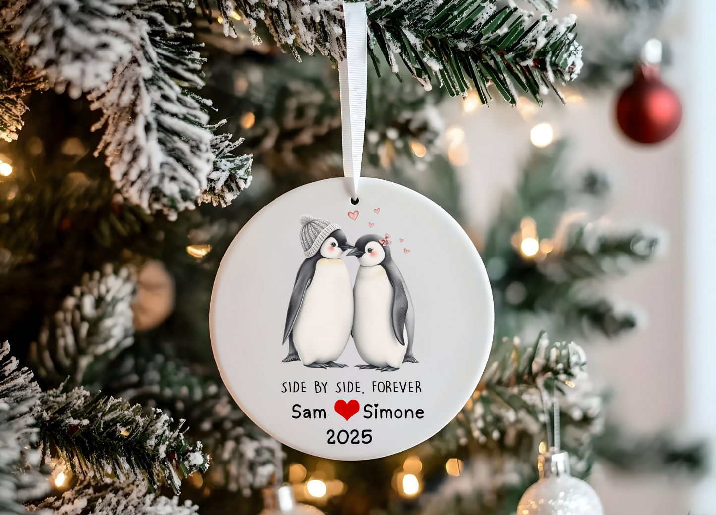 Personalised Penguin Bauble – Side by Side Forever Ceramic Ornament