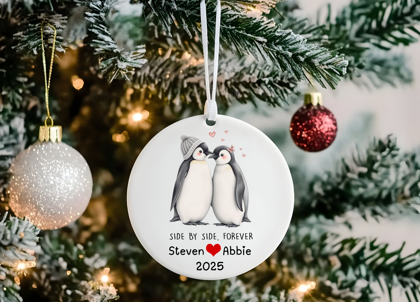 Personalised Penguin Bauble – Side by Side Forever Ceramic Ornament