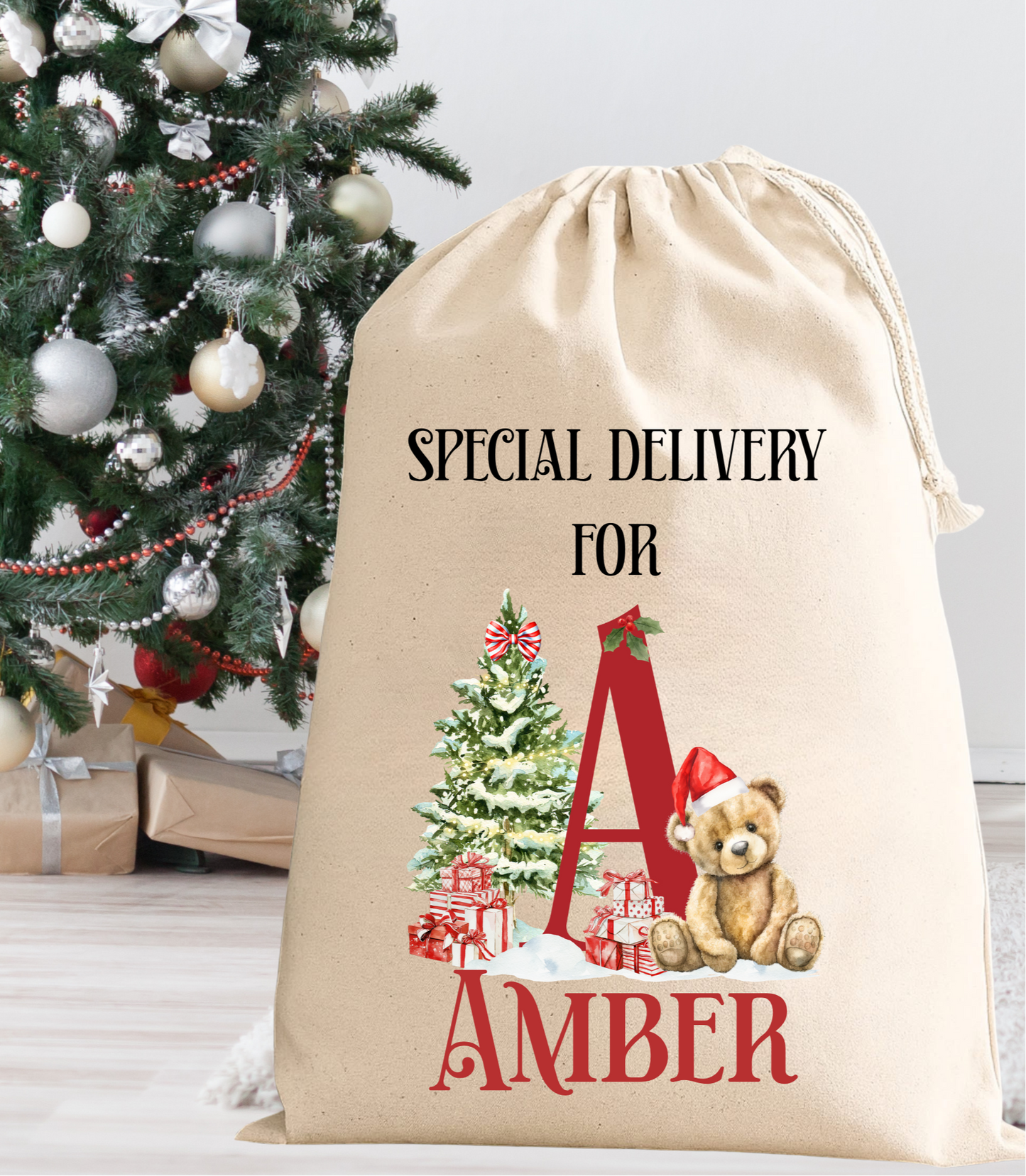 Personalised Santa Sack – Custom Initial Christmas Gift Bag with Bear or Bunny Design