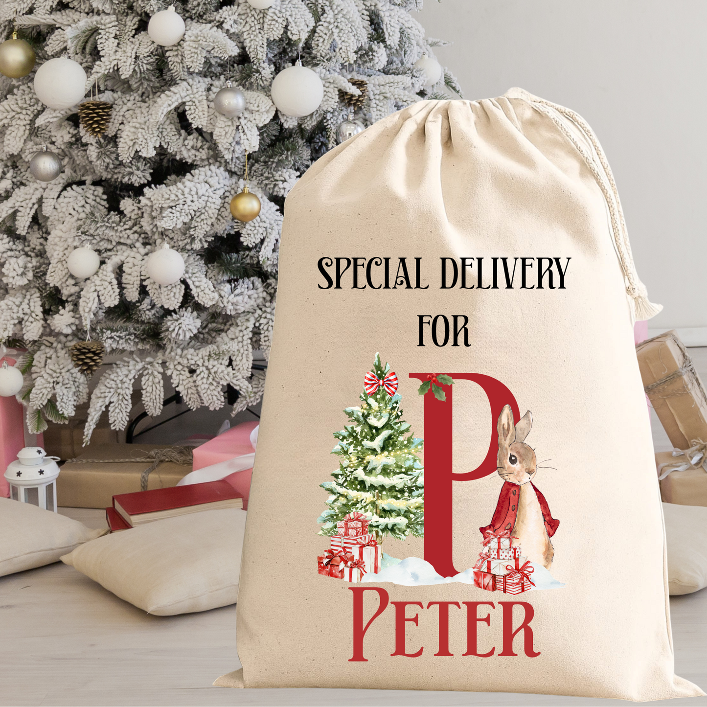 Personalised Santa Sack – Custom Initial Christmas Gift Bag with Bear or Bunny Design