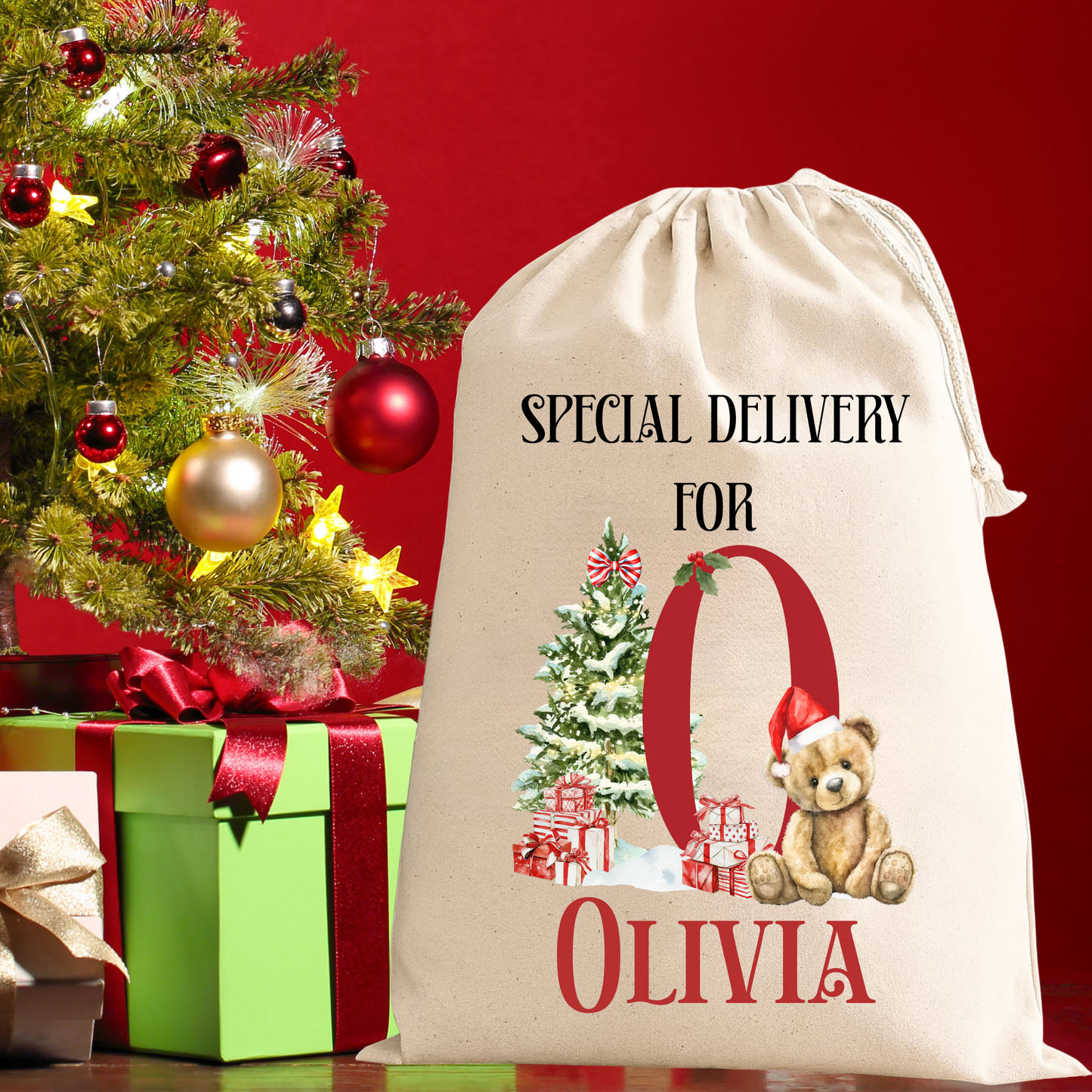 Personalised Santa Sack – Custom Initial Christmas Gift Bag with Bear or Bunny Design