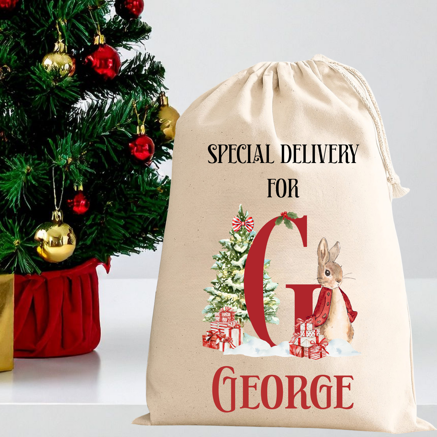 Personalised Santa Sack – Custom Initial Christmas Gift Bag with Bear or Bunny Design