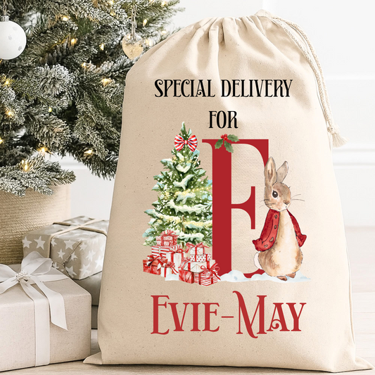 Personalised Santa Sack – Custom Initial Christmas Gift Bag with Bear or Bunny Design
