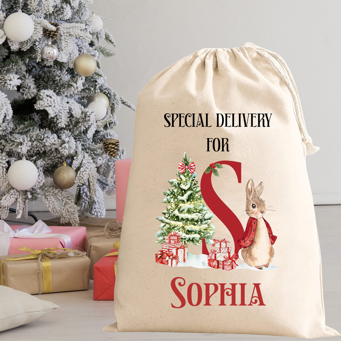 Personalised Santa Sack – Custom Initial Christmas Gift Bag with Bear or Bunny Design