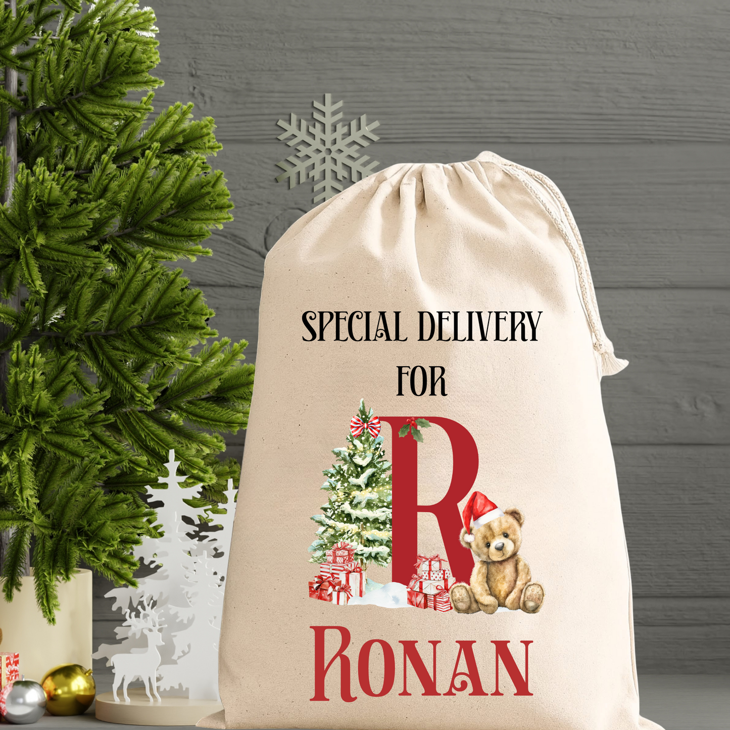 Personalised Santa Sack – Custom Initial Christmas Gift Bag with Bear or Bunny Design