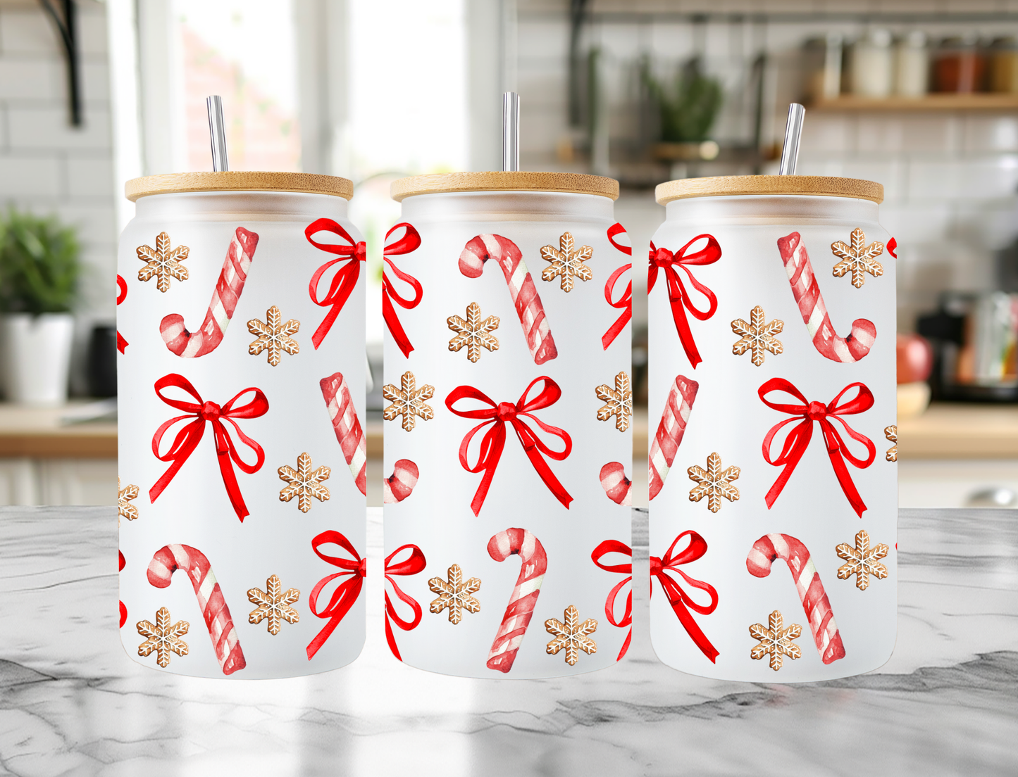 Cute Candy & Bow Cane Frosted Libbey Can 16oz