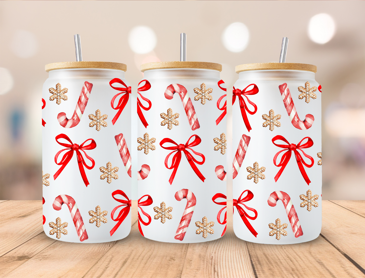 Cute Candy & Bow Cane Frosted Libbey Can 16oz