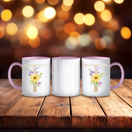 Initial Mug with Gold and Floral Design
