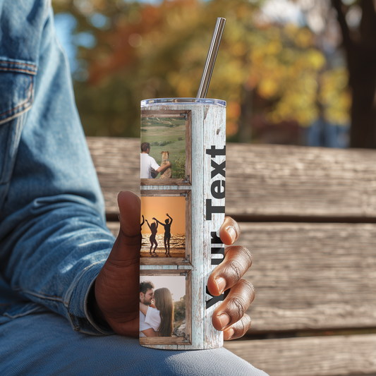 Personalised Wood-Themed Photo Tumbler with Space for Text