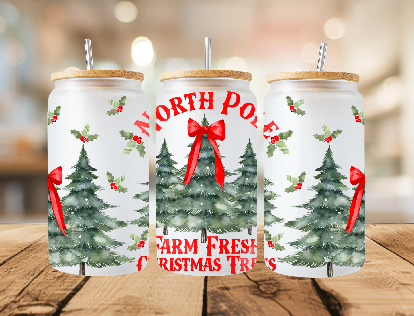Red Christmas Tree Farm Frosted Libbey Can